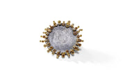 Todd Reed pin with rose cut diamonds (4.67ctw) and raw diamond cubes (3.99ctw) in 18k yellow gold and sterling silver with patina.